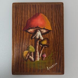 VTG Hand Painted Mushroom Wood Plaque Signed Anderson Rustic Folk Art Wall Decor